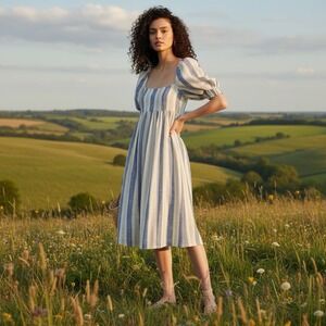 Alice + Olivia Size 4 Bauery Baby Doll Puff Sleeve Linen Blend MIDI Dress‎